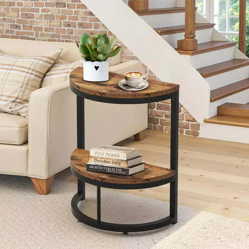 TUYOHW Half-Moon End Table,Minimalist Small Side Table for Couch & Bedside,23.6 Height,Brown+Black