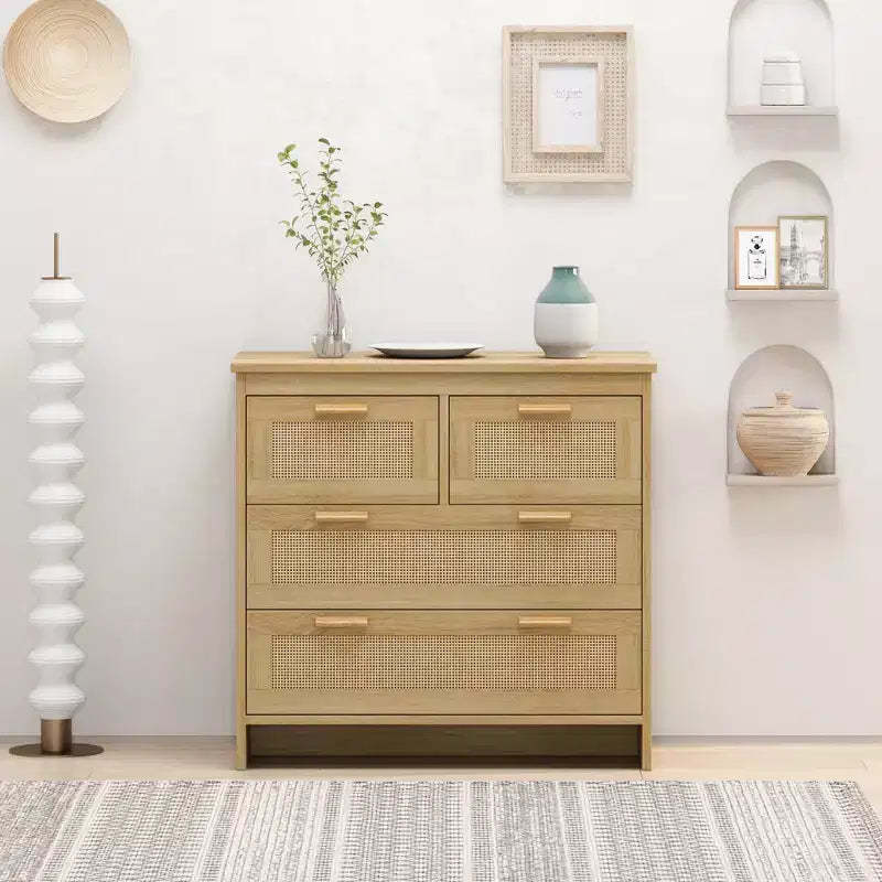 JVNOXK Modern 31.50-inch rattan storage cabinet with 4 deep drawers, perfect for bedrooms, dining rooms, and hallways. Easy assembly