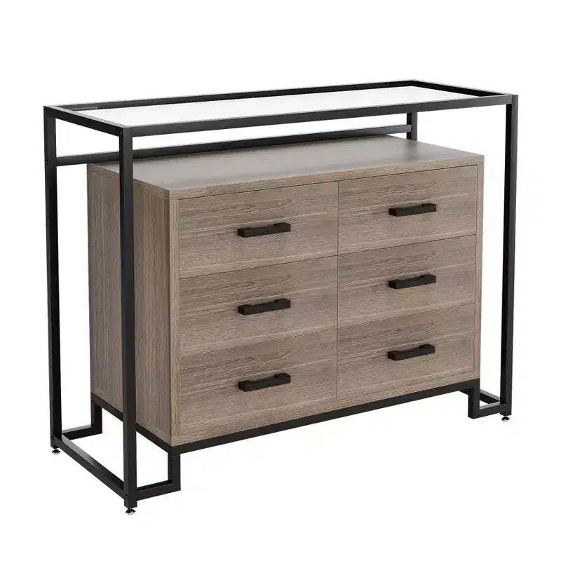 6 Drawers Dresser, Wooden Drawer Chest with Tempered Glass Top and Steel Frame TV Stand, Multi-Purpose Large Storage Cabinet for Living Room Bedroom