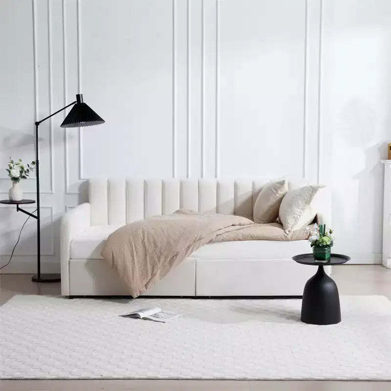 Twin Size Beige Velvet Upholstered Daybed with Ribbed Tufted Backrest - Lavish Modern Design, Richly Hued Foam Comfort for Stylish Relaxation