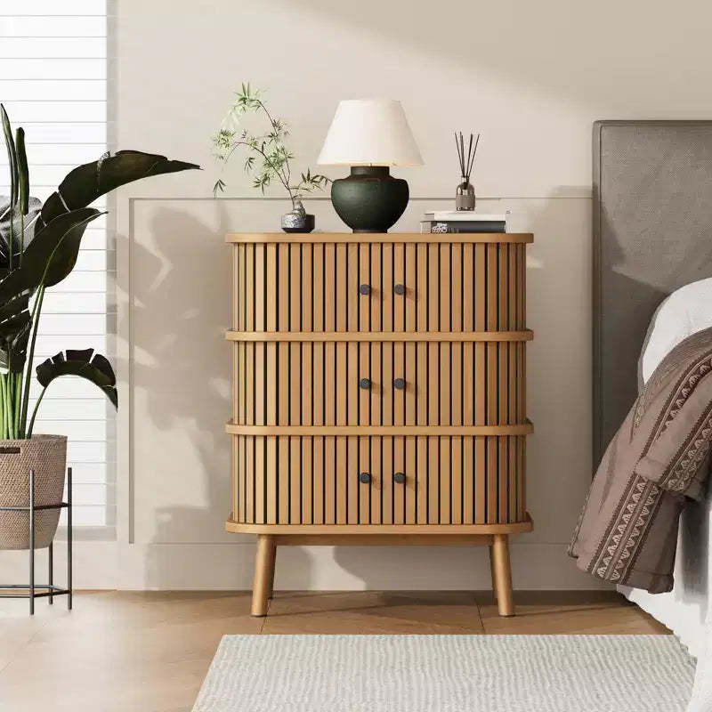 3-Drawer Dresser, Mid Century Chest of Drawers for Bedroom, Wicker Nightstand with Spacious Storage, Matte Black Handles, and Wooden Legs