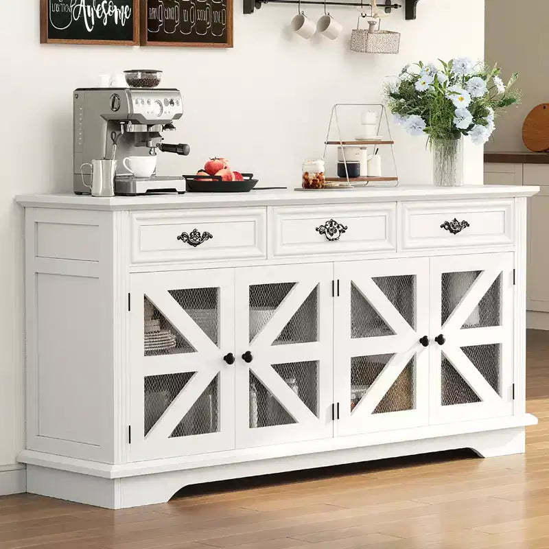 63 Kitchen Buffet Sideboard with Charging Station & Glass Display, Wood Storage Cabinet with 3 Drawers for Dining Room Living Room