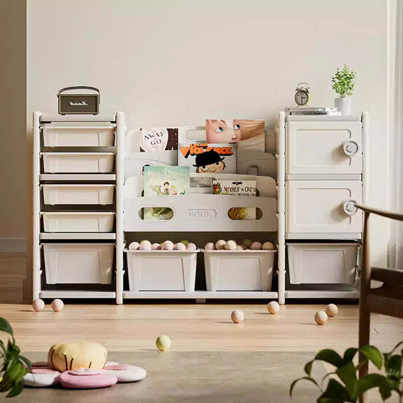 Toy Storage Organizer for Kids, 8 Removable Bins, 4-Tier Bookshelf, 2 Cabinets, Multi-Purpose Children's Shelf for Playroom