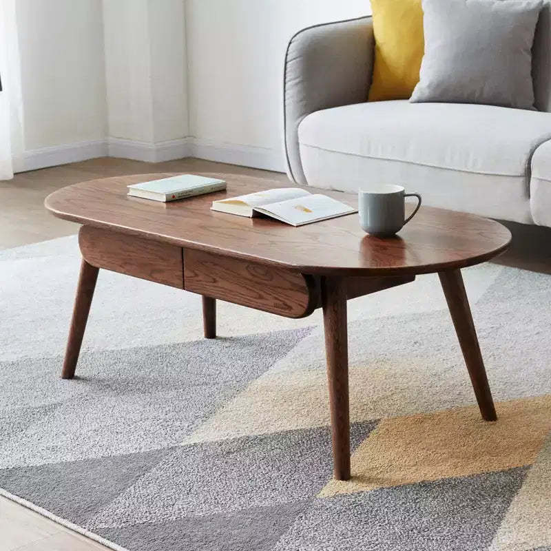Living Room Oval Coffee Table, Wood Farmhouse Low Table with 2 Drawers, Modern Centre Table for Study Room Office Hotel Balcony