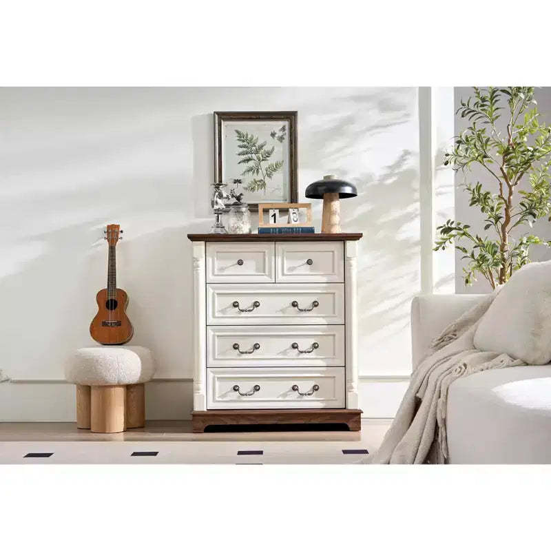 Chest of Drawers, Farmhouse Style 5 Drawer Dresser, Wooden Rustic Large Capacity Nightstand Cabinet for Home Office, Living Room, Bedroom