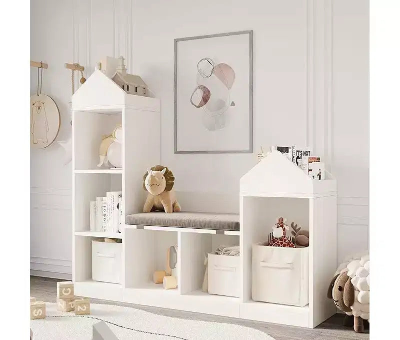 Children's Bookcase, 6 Cube Storage Cubes for Children with Seat Cushion, Roof Shaped Bookcase for Children, Anti-Tip Kit, White