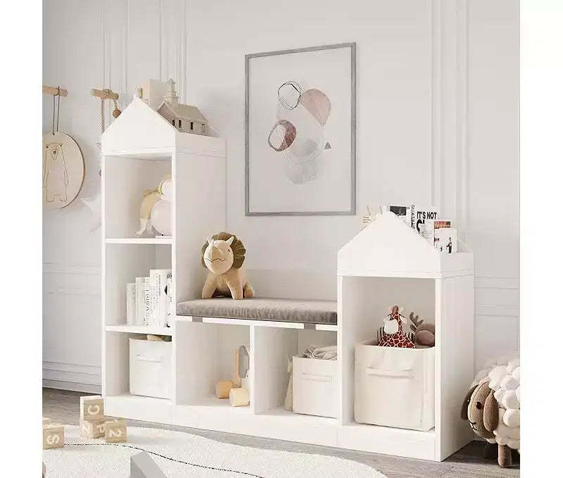 Children's Bookcase, 6 Cube Storage Cubes for Children with Seat Cushion, Roof Shaped Bookcase for Children, Anti-Tip Kit, White