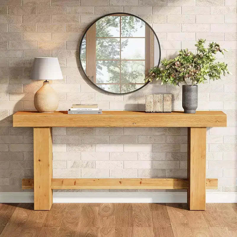 Lantine 63-Inch Solid Wood Console Table, Farmhouse Sofa Table with Storage for Living Room, Narrow Entryway and Hallway Accent Table, Natural Finish
