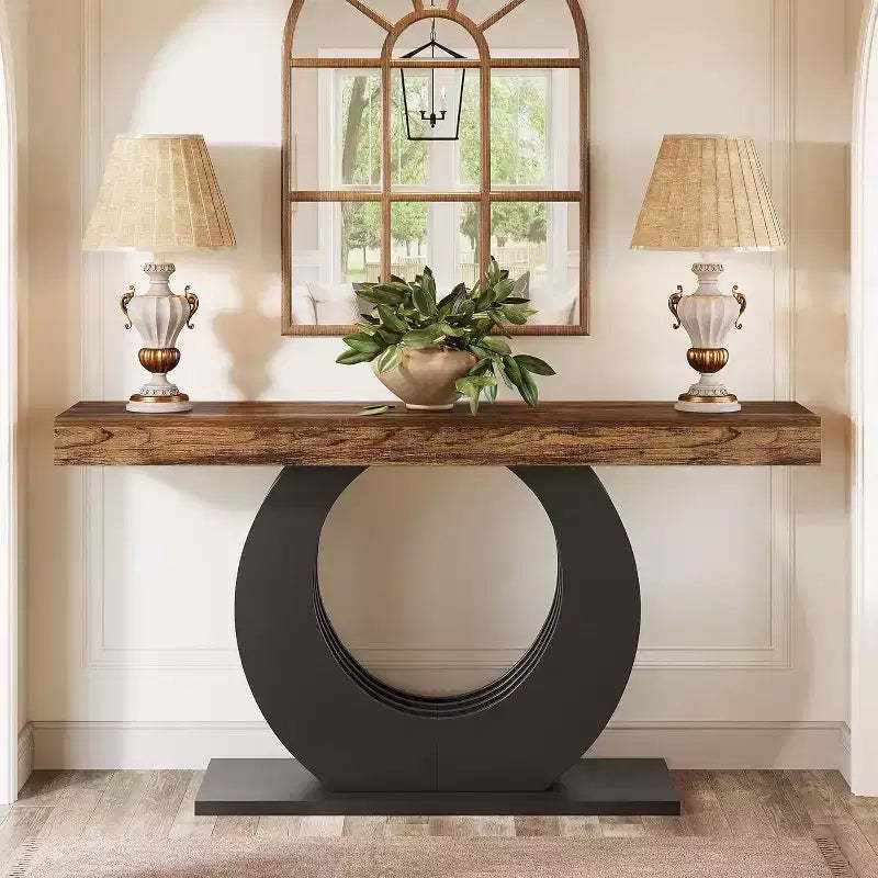 Lantine 63-Inch Console Sofa Table, Rustic Industrial Farmhouse Entryway Table with Black Circle Base for Living Room, Hallway, Rustic Brown