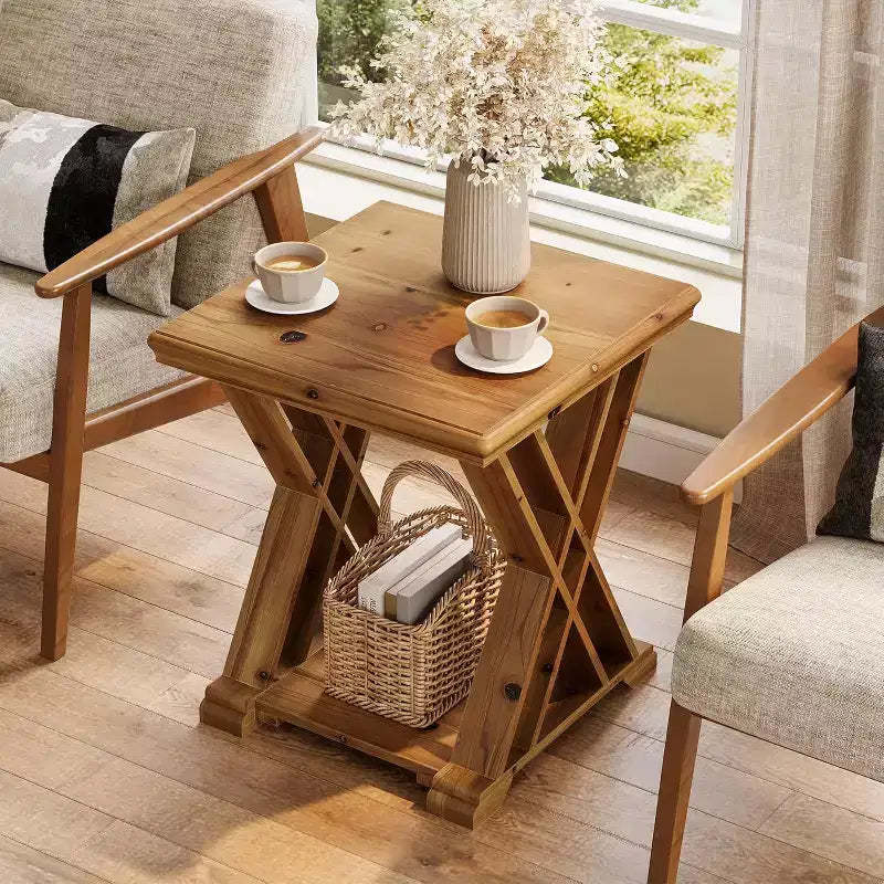 Lantine Solid Wood Side Table, Small Square End Table, Farmhouse 2-Tier Nightstand for Living Room, Bedside, Couch Side, Bedroom, Small Spaces, Brown