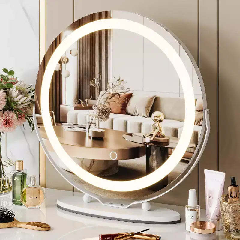 19 inch Makeup Mirror with Lights,360Rotation White Vanity Mirror for Bedroom, Tabletop and Desk Mirror