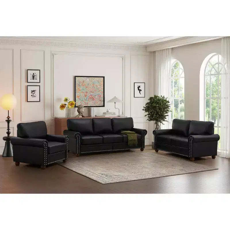 MAYEERTY 3 Pieces Sectional Faux Leather Sofa with Storage Silver Nails for Living Room Black