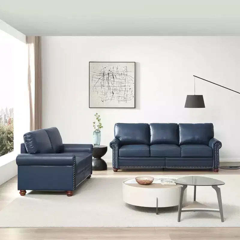 MAYEERTY 2 Pieces Sectional Faux Leather Sofa with Storage Silver Nails for Living Room Navy Blue