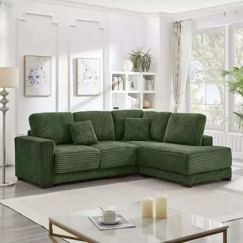 MAYEERTY 93 Sectional Sofa L Shaped Sofa Couch with Reversible Chaise Lounge Upgolstered Soft Curduroy Couch for Living Room Green
