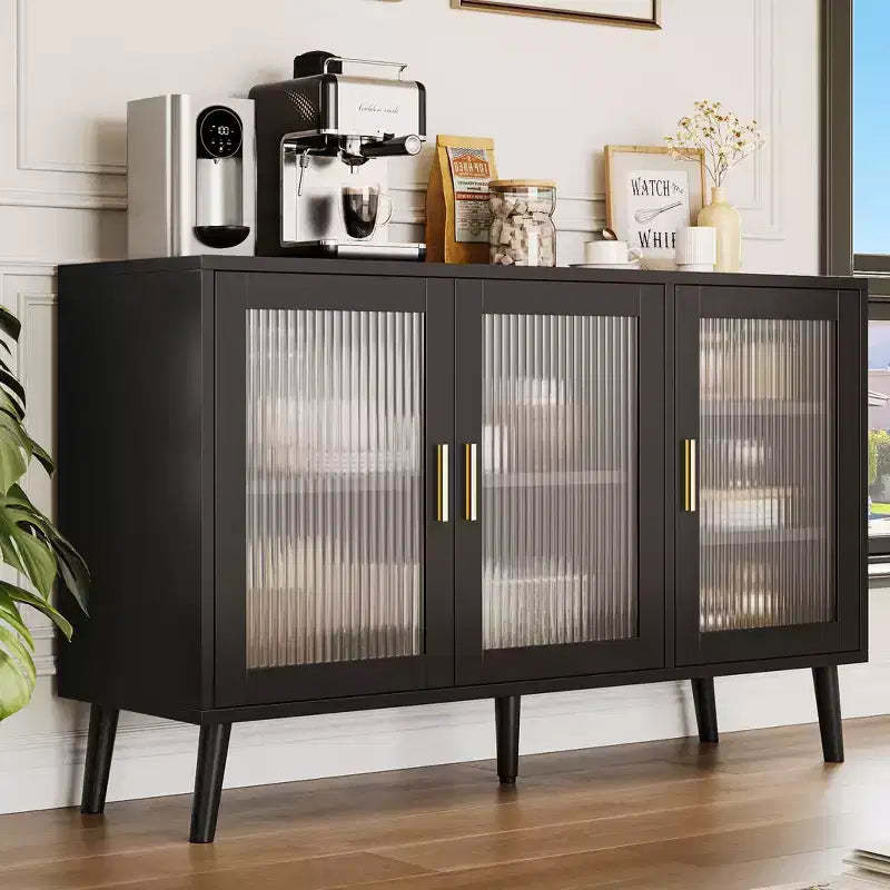 GustoWave 48 in Large Black Sideboard Cabinet with 3 Fluted Glass Doors for Kitchen, Dining and Living Room
