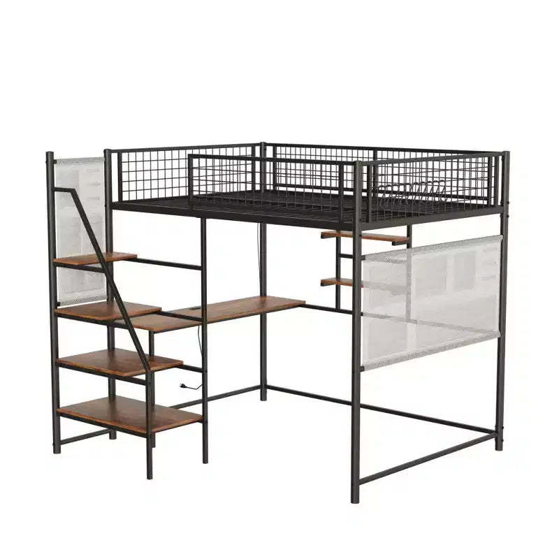 VIYET Full Size Black Loft Metal Bed - Desk, Charging Station, LED Lights & Storage, 400LBS Capacity for Bedroom/Dorm