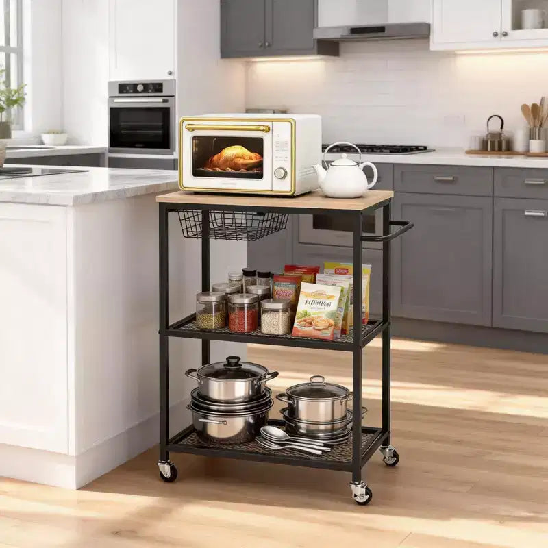 Microwave Kitchen Cart with Push Handle, 3 Tier Rolling Cart with 2 Lockable Wheels, Kitchen Storage Cart with Storage for Kitchen Island Restaurant