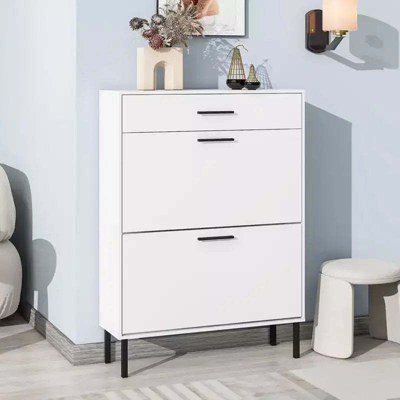 Modern Freestanding Shoe Cabinet, Narrow Shoe Rack Cabinet with 2 Flip Drawers, Shoe Cabinet Organizer with Metal Leg for Entryway Hallway