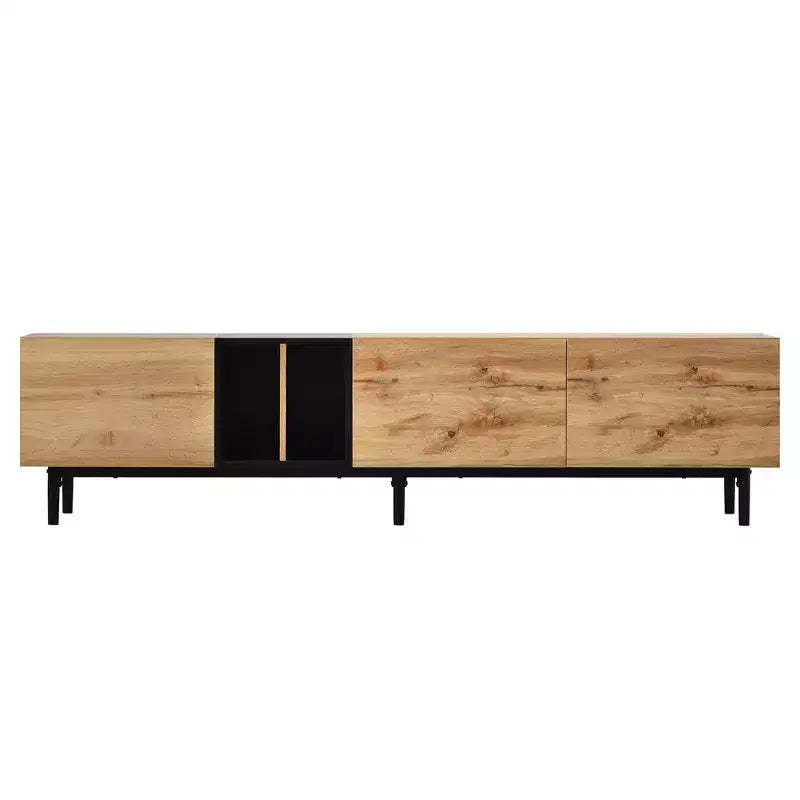 VIYET 77Modern TV Stand for 80 TVs, Natural Wood MDF Media Console w/ 3 Drop Down Doors & Large Storage