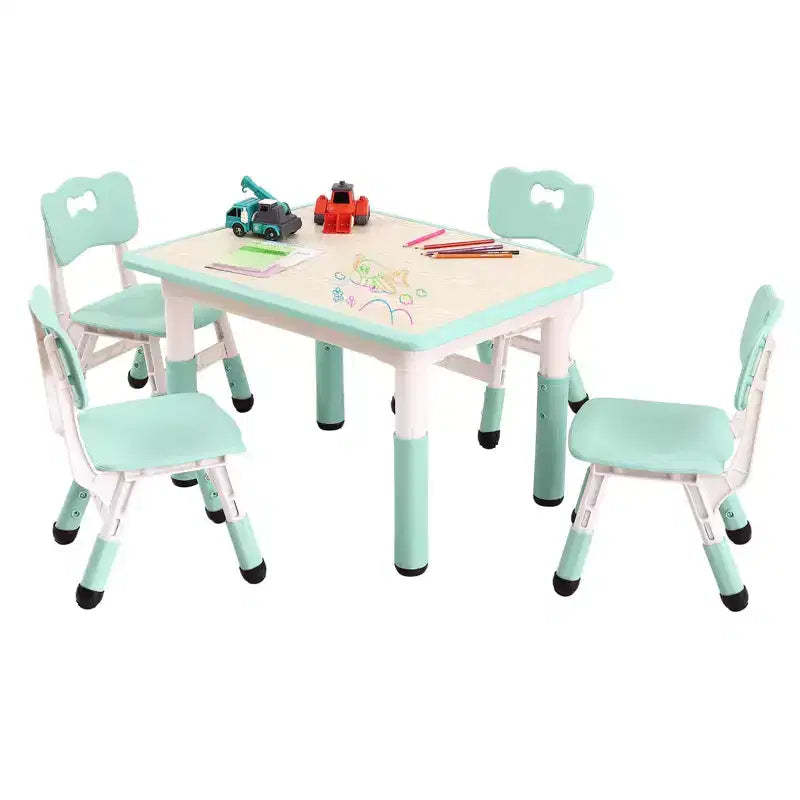 Lake Blue Kids Height-Adjustable Table & 4-Chair Set C Foldable Art Craft Desk with Erasable Top for Toddler Learning/Play/Dining