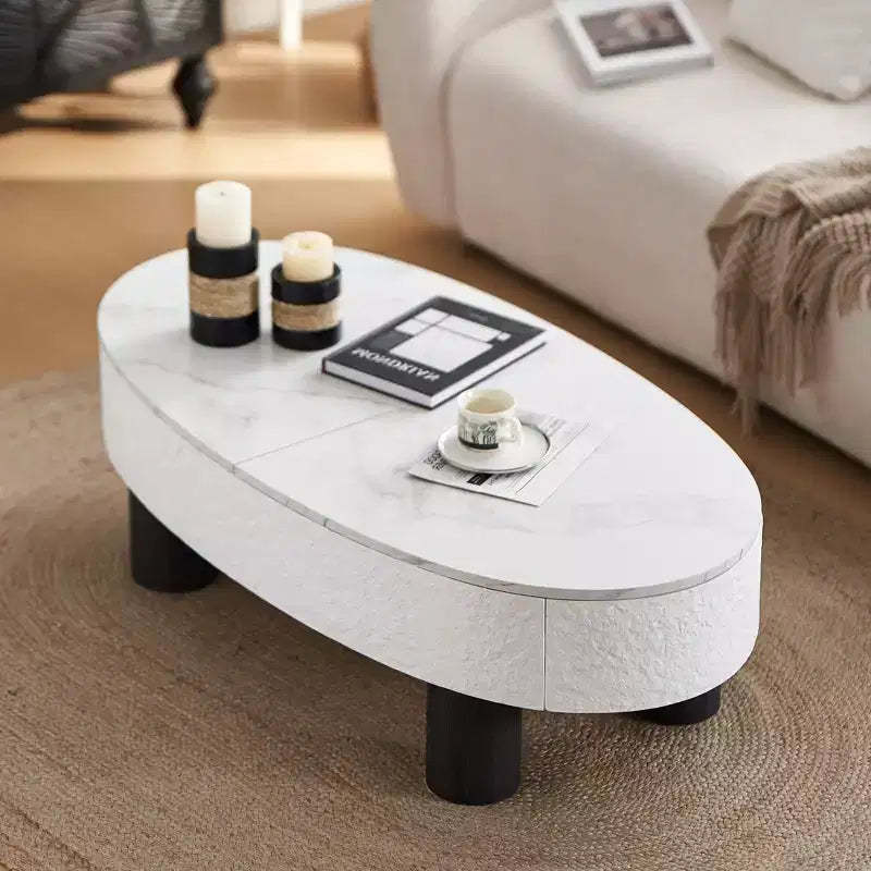 Oval Coffee Table, Marble-Look Top, Mid-Century Modern, Hidden Drawer & Storage, for Living Room Bedroom Office