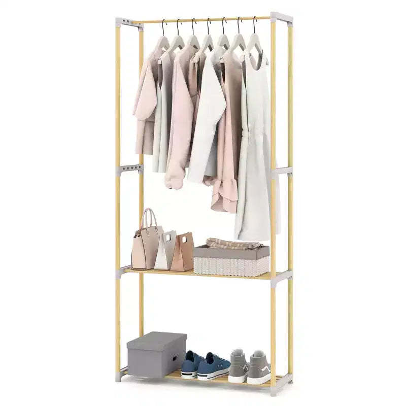 Costway Pine Wood Clothes Rack with 2-Tier Open Storage Shelf for Bedroom, Wardrobe Closet Natural and Gray
