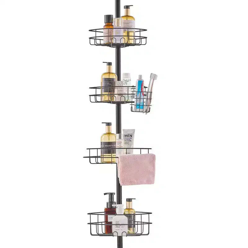 4-Shelf Shower Corner Caddy Tension Pole Adjustable 56-114 in Rust-Resistant Bathroom Organizer