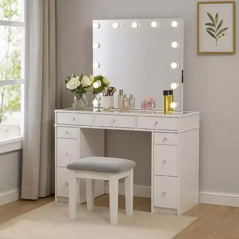 Royal Hampton Vanity Set With Lighted Mirror And Padded Stool, White-Gray
