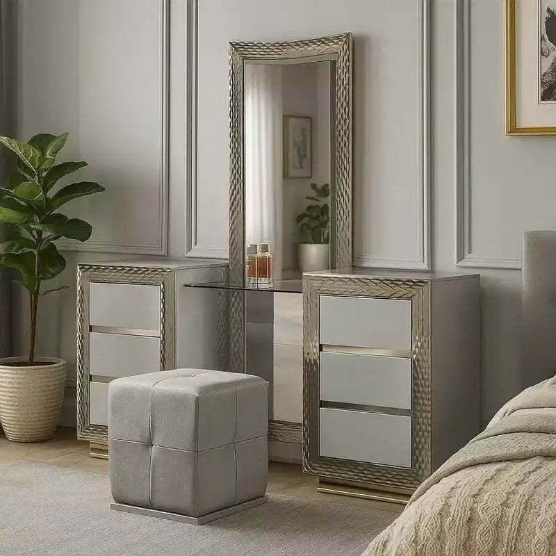 Royal Hampton 3Pc Vanity Dressing Table Set W Stool, Gray, Satin Fabric, Rubberwood