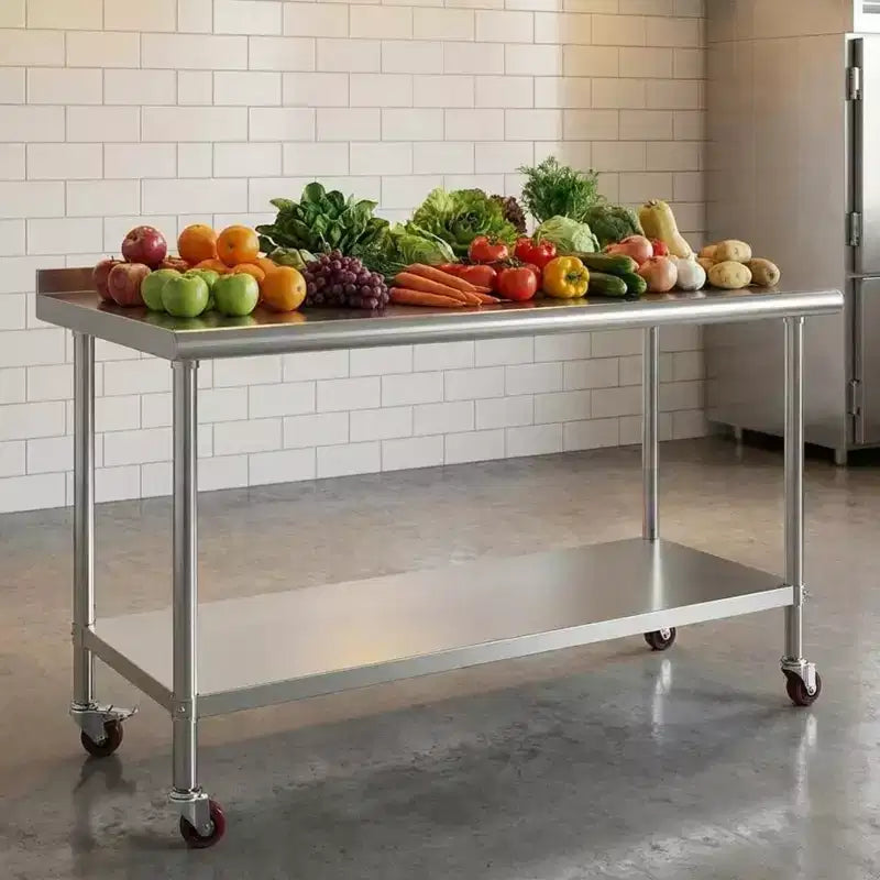 Garvee 60 Stainless Steel Tables with Wheels and Backsplash for Kitchen, Restaurant, Silver