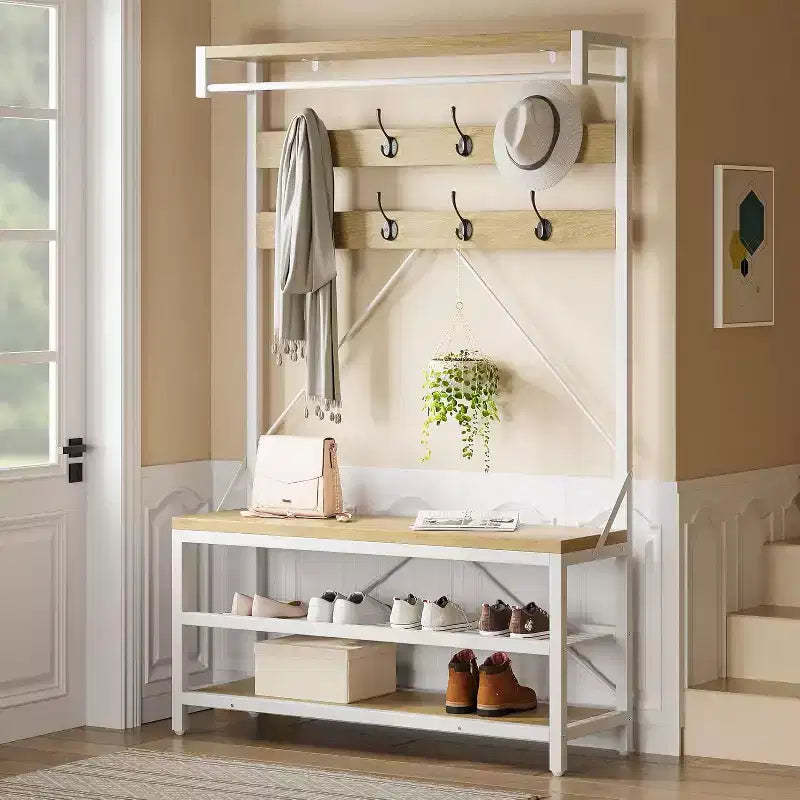 72 Coat Rack Shoe Bench, Industrial Hall Tree Storage Bench for Entryway, Wood Look Accent Large Shoe Rack with Storage Shelf Hanging Bar and 8 Hooks