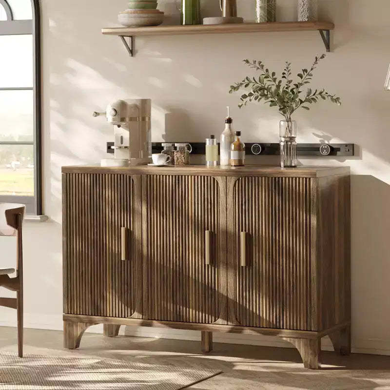 Fluted Sideboard Cabinet with Adjustable Shelves and Wood Doors