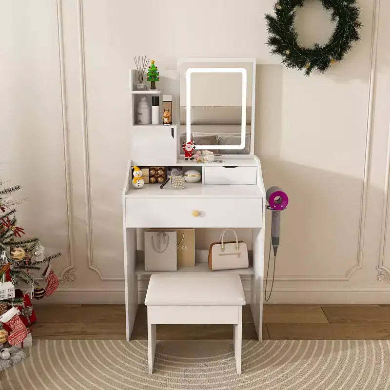 Okak Compact Vanity with 3-Color Adjustable Mirror, Vanity Table with 2 Drawers and 5 Shelves, Makeup Table with Stool for Bedroom, White