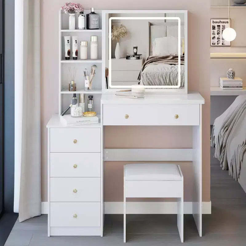 Okak 37 Vanity Table with Cushioned Stool and Large Sliding Mirror, Makeup Vanity with High Capacity Storage, Dressing Table for Home, White