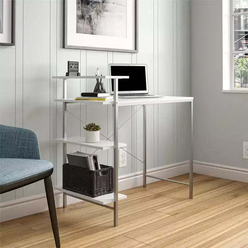 TUYOHW Side Storage Student Desk,Modern Study Desk with Laminated Top & Metal Frame,Spacious Desktop with Shelves for Homework Laptop Books,White