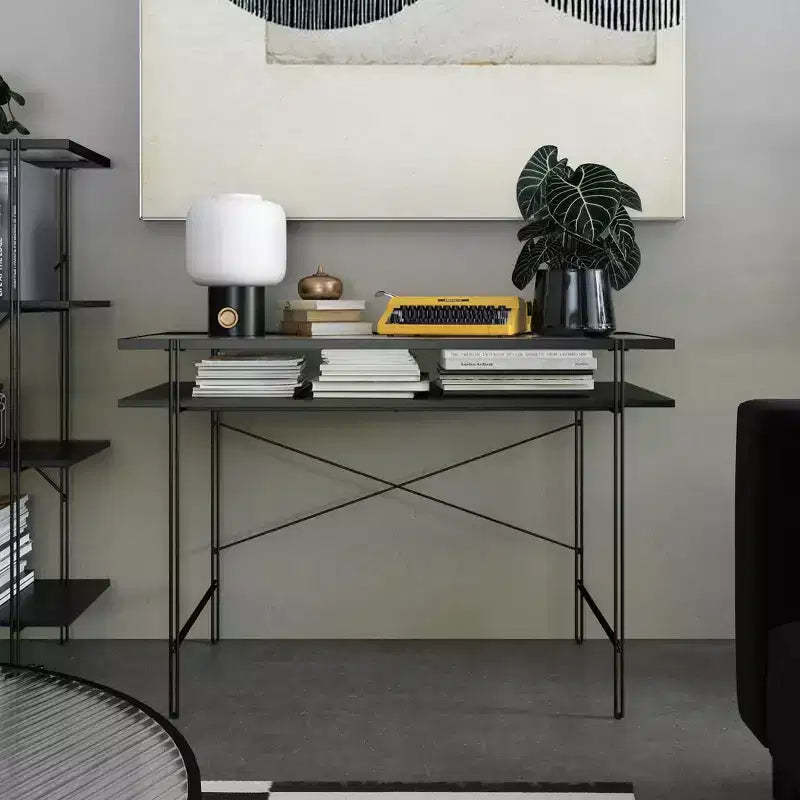 TUYOHW 43.3 Computer Desk,Laminated Engineered Wood Office Desk with Open Shelf,Fluted Glass Desktop,Writing Desk for Home Office,Small Spaces,Black