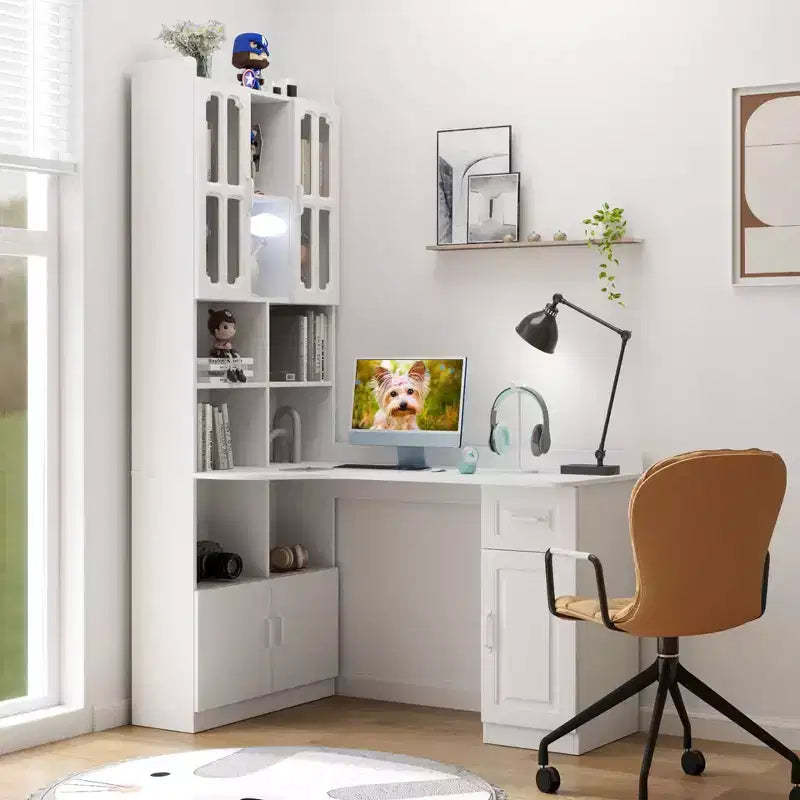 TUYOHW L-Shaped Corner Desk,Computer Desk with Hutch & Bookshelf,2-in-1 Study Desk with Drawers,Cabinets,Modern Working Desk for Office,Study