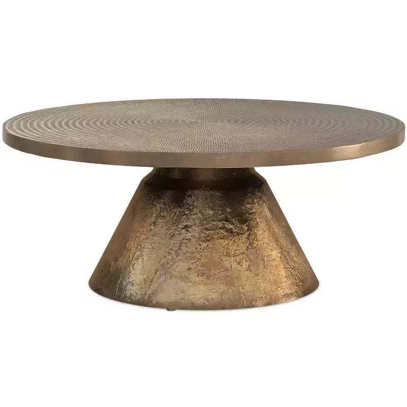 Alyssa 36 inch Wide Round Contemporary Cast Aluminum Coffee Table in Vintage Brass, Fully Assembled