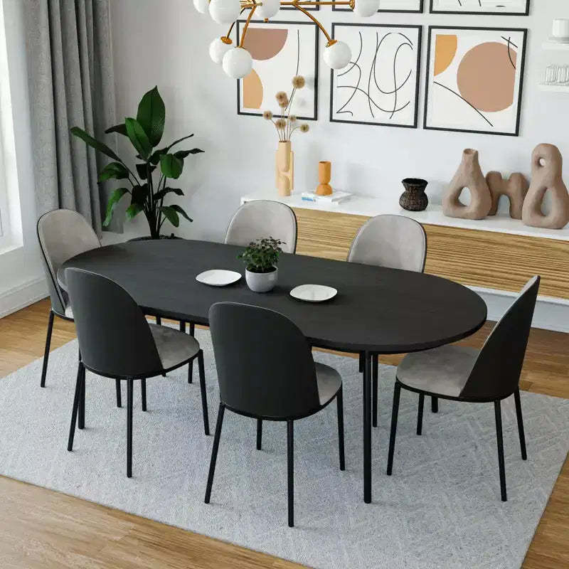 LeisureMod Tule 7-Piece Dining Set in Steel Frame with 6 Upholstered Seat Dining Chairs and 71 Oval Dining Table with Wood Tabletop