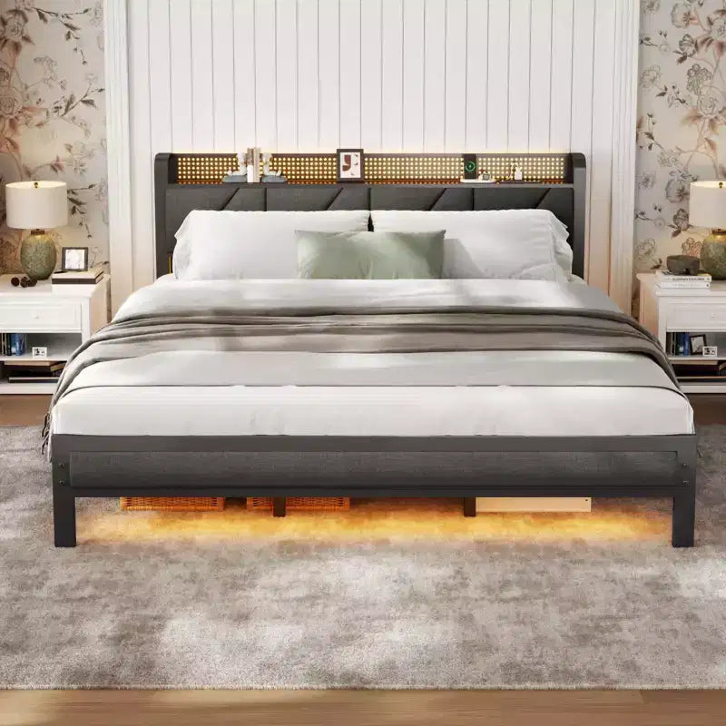 King Size Metal Platform Bed Frame Upholstered Headboard Footboard LED Lights Charging Station Heavy Duty Support No Box Spring Needed USB