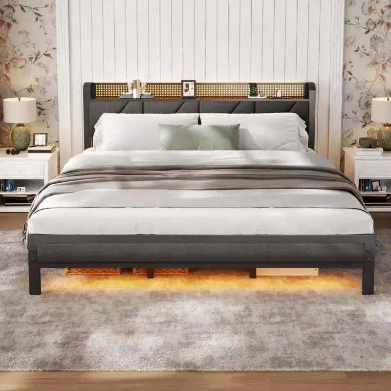 King Size Metal Platform Bed Frame Upholstered Headboard Footboard LED Lights Charging Station Heavy Duty Support No Box Spring Needed USB