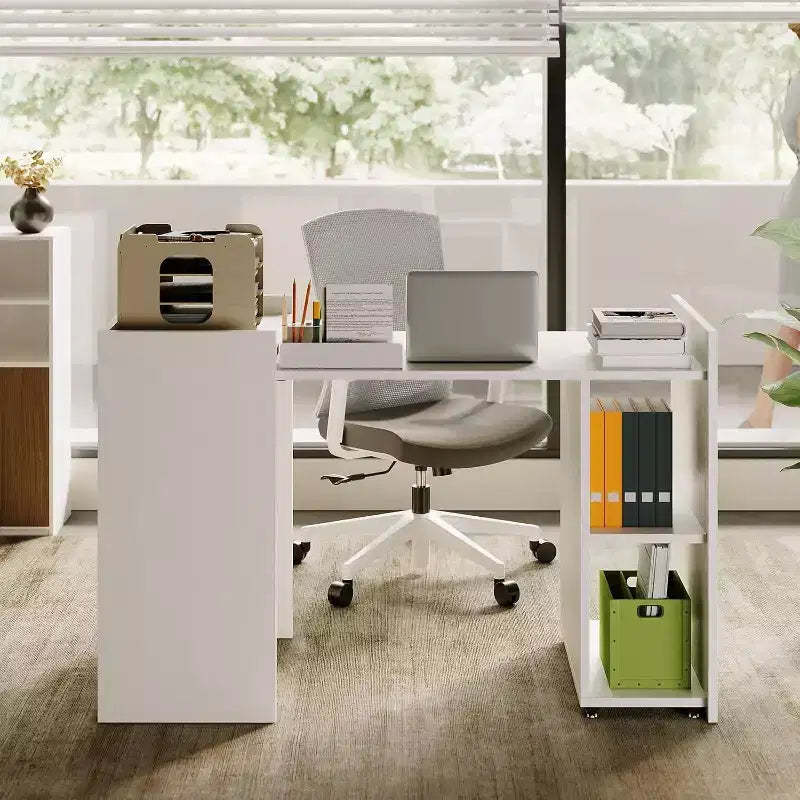 Acekool 50 Folding Computer Desk with Bookshelf and Wheels, Home Office Writing Table with Storage for Bedroom or Study