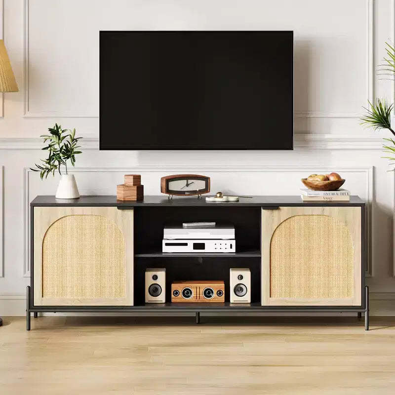 COZONY Rattan TV Stand for 75 . Mid-Century Modern Entertainment Center w/ Adjustable Shelf