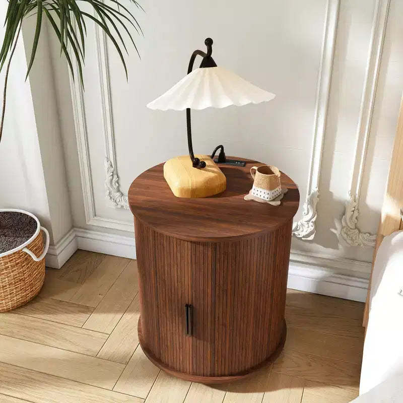 JVNOXK Two-Piece Set: Medieval Modern Style Cylindrical Side Table and Storage Nightstand, Suitable for Living Rooms, Walnut