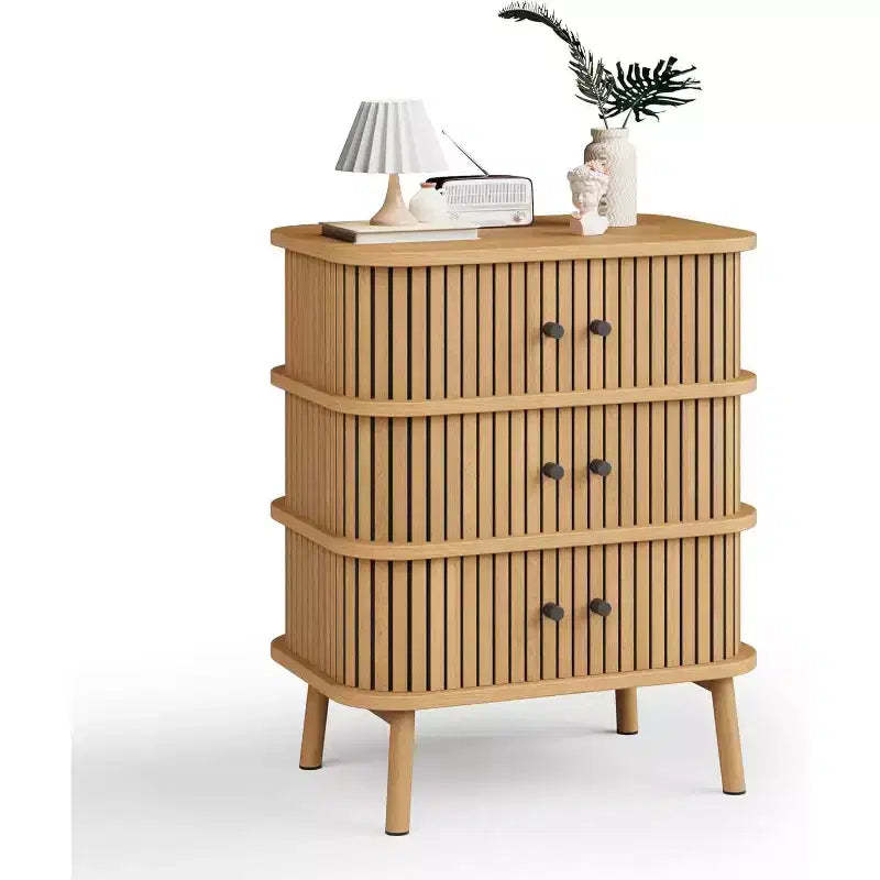 Modern 3-Drawer Storage Cabinet with Sliding Door, Natural Wicker & Wooden Legs Dresser, Bedside Table for Bedroom, Hallway, or Living Room