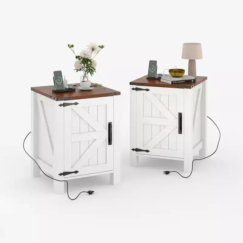 Rustic Dark Brown Bedside Table with USB Charging Station, 18'' Spacious Tabletop, Sliding Barn Door, Adjustable Shelf, Bedside End Table