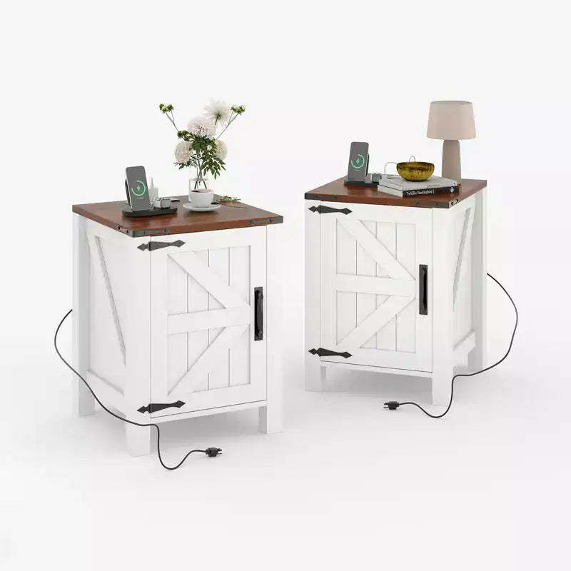 Rustic Dark Brown Bedside Table with USB Charging Station, 18'' Spacious Tabletop, Sliding Barn Door, Adjustable Shelf, Bedside End Table