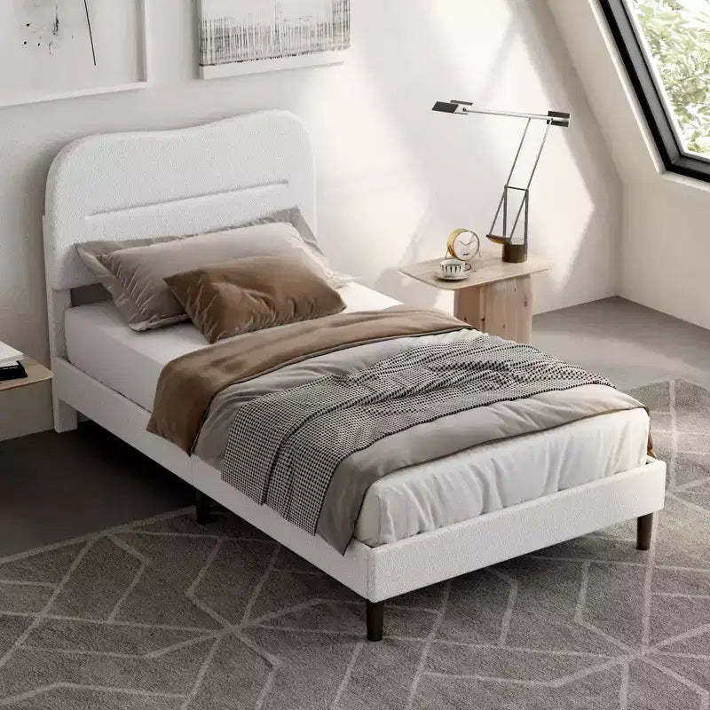 Modern Twin Bed Frame with White Teddy Boucle Upholstered Cloud Headboard Marshmallow Style Wood Slats Noise Free No Box Spring Needed Dorm