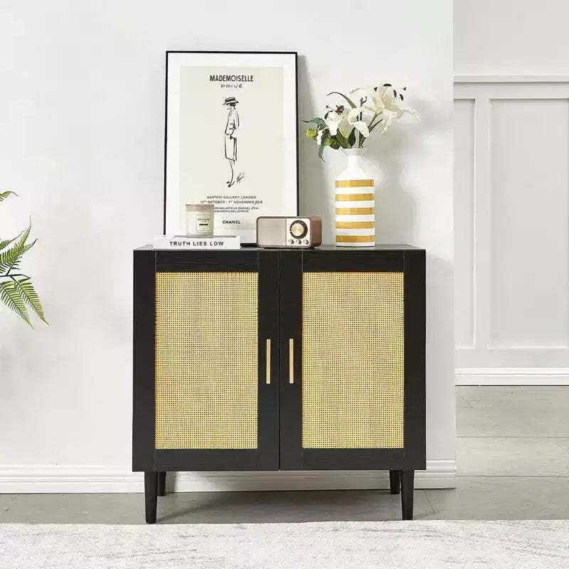 JVNOXK Sideboard with Natural Rattan Door Panels and Adjustable Shelves Rattan Storage Cabinet for Bedrooms and Living Rooms Black