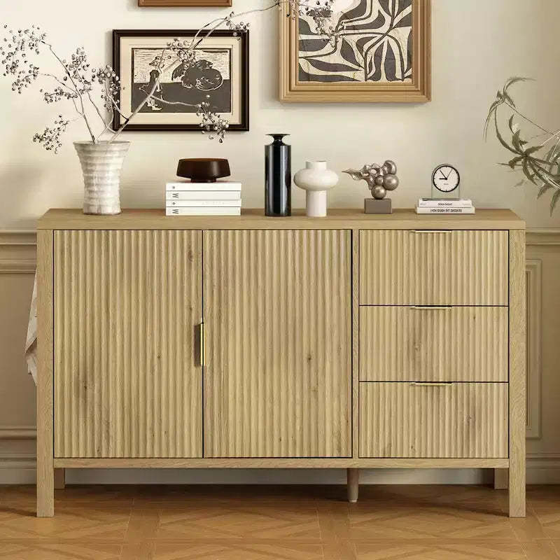 JVNOXK U-Shaped Modern Wavy 3-Drawer Sideboard with Hooks and Center Leg Storage Cabinet, Suitable for Living Rooms, Natural Finish